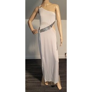 Sexy Women White Long Classy Dress Stretch Silver Seqence Club Medium SL6036-1